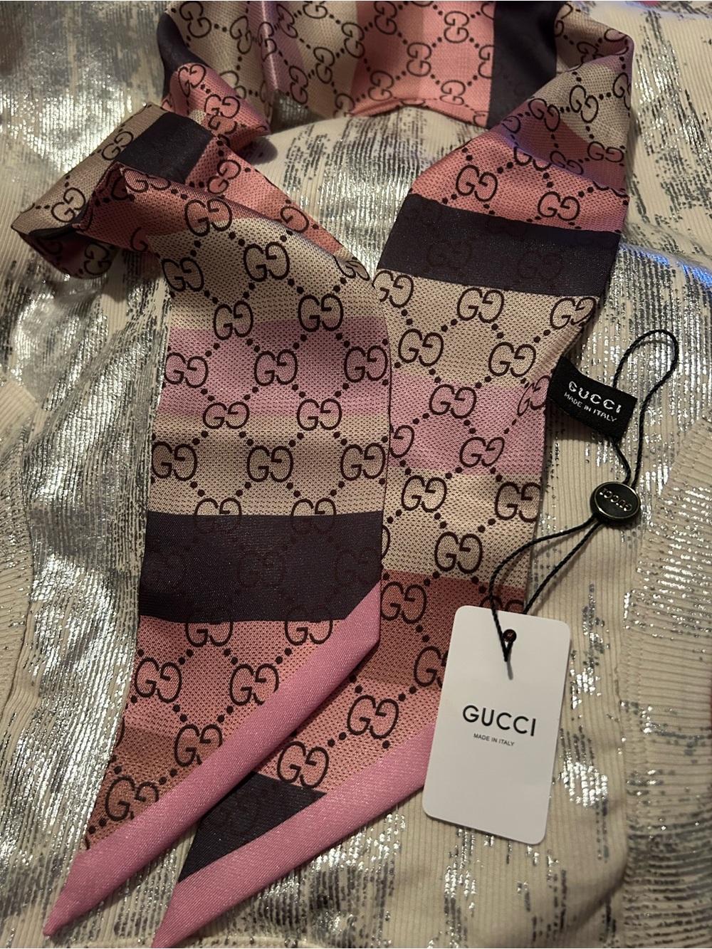 Gucci Pink Beige and Brown GG 100% Silk Scarf Twilly